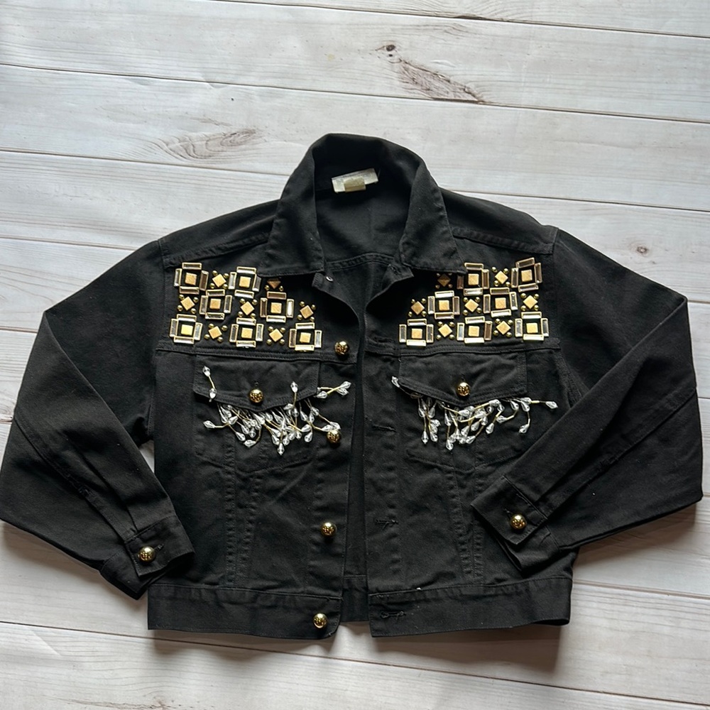 Vintage Black Jacket bedazzled with Gold Accents size medium
